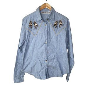 Adobe Rose Women’s Western Button Shirt Horses Long Sleeve Blue Size Xl